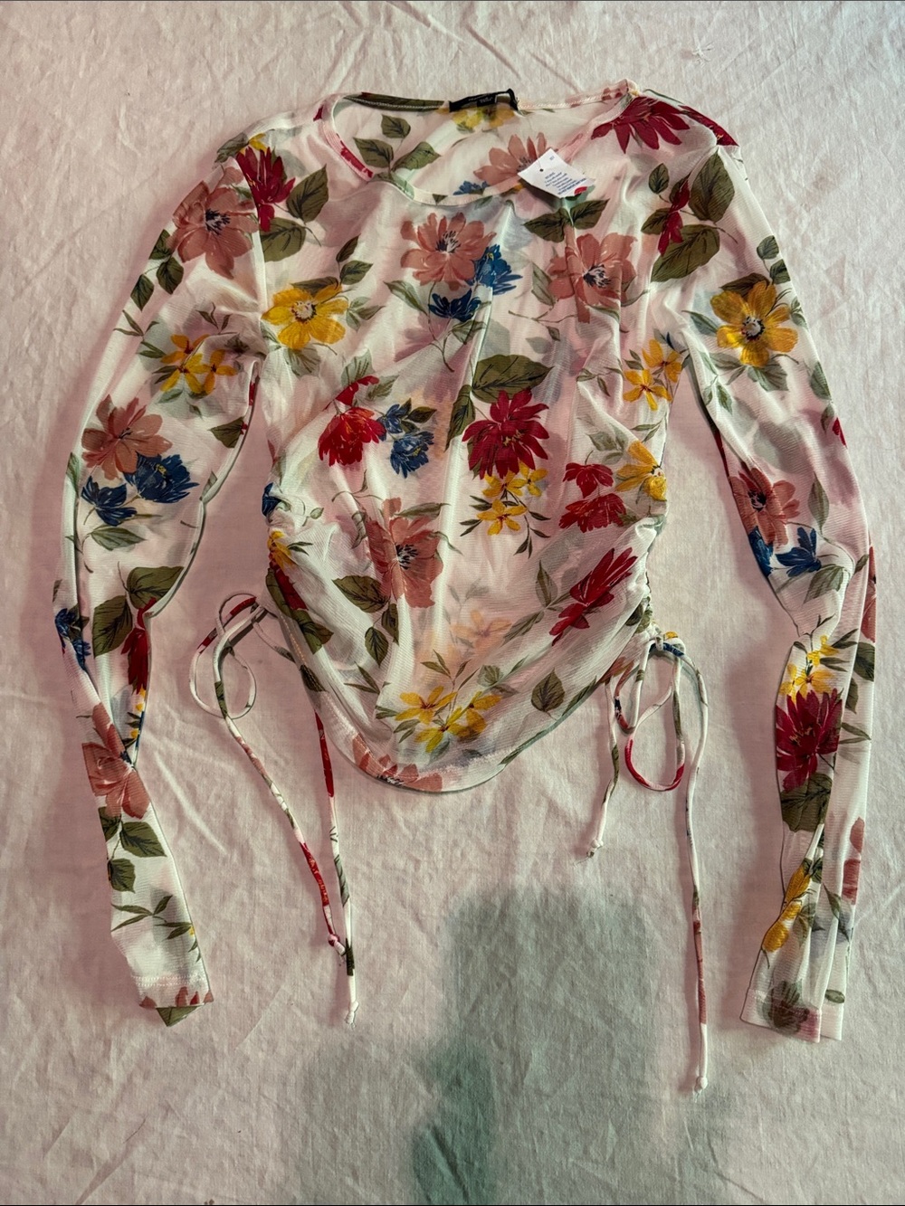 Ambiance White Floral Long-Sleeve Ruched Tie-Side Top